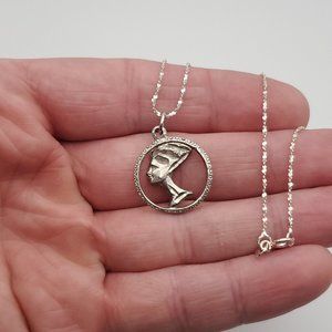 16 Inch 925 Sterling Silver Cleopatra Head Pendant Necklace